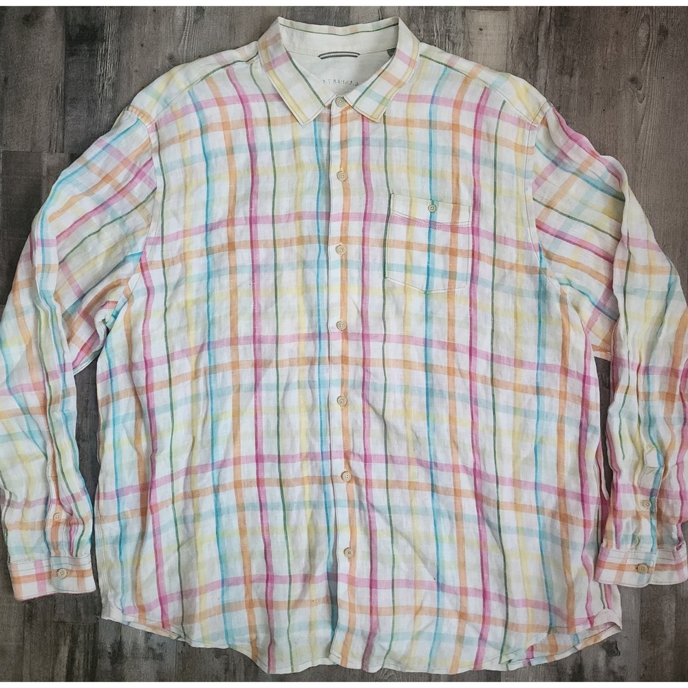 Tommy Bahama Button Front Shirt Mens XXL Multi Color Plaid Linen Island Modern